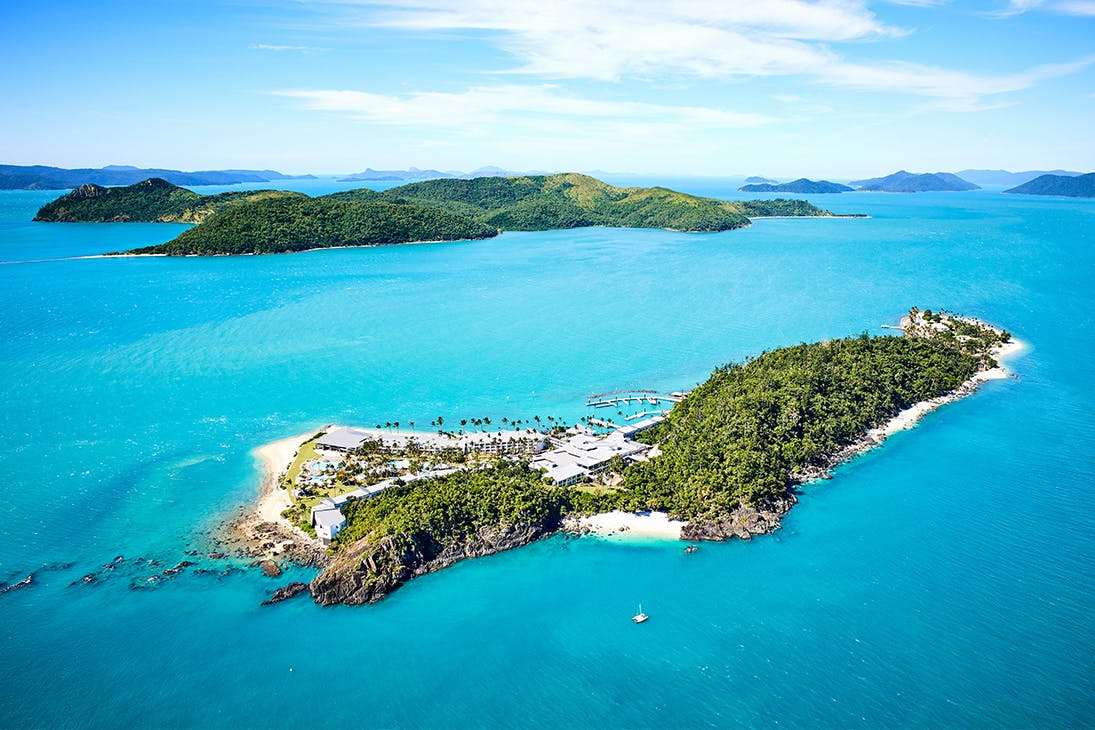 An aerial image of Daydream Island in the Whitsundays.
